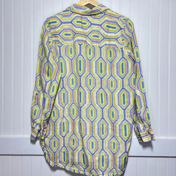 Sigrid Olsen Tunic Linen Whimsy Button Up Vibrant Geometric Hexagon Green Bright - Picture 3 of 11